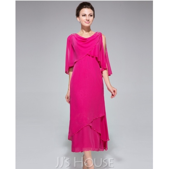JJ’s House A-line Princess Cowl Neck Tea-Length Chiffon Dress in Fuchsia - Picture 1 of 6